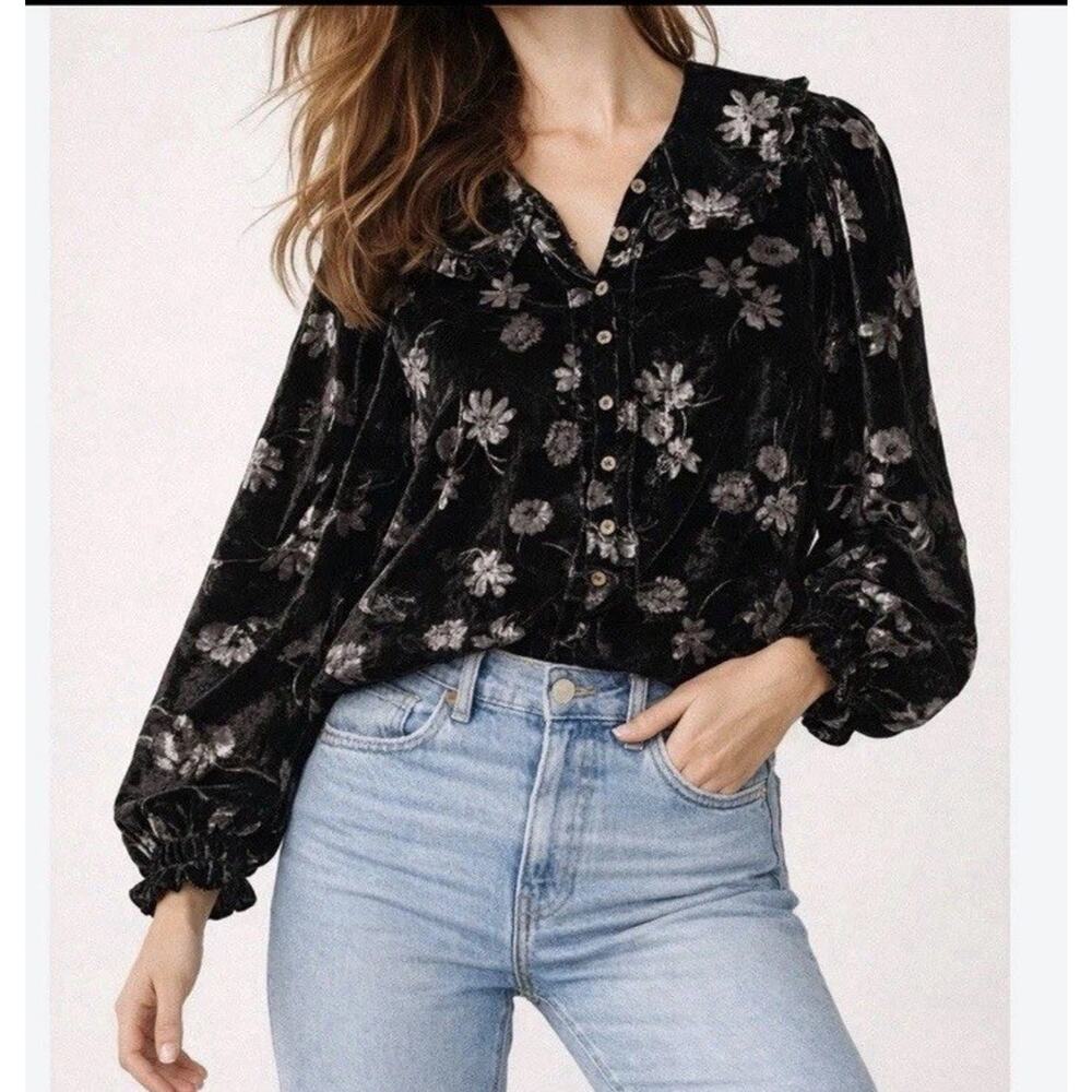 Pilcro By Anthropologie Keira Top S Black Floral Velvet Textured Ruffle Collar